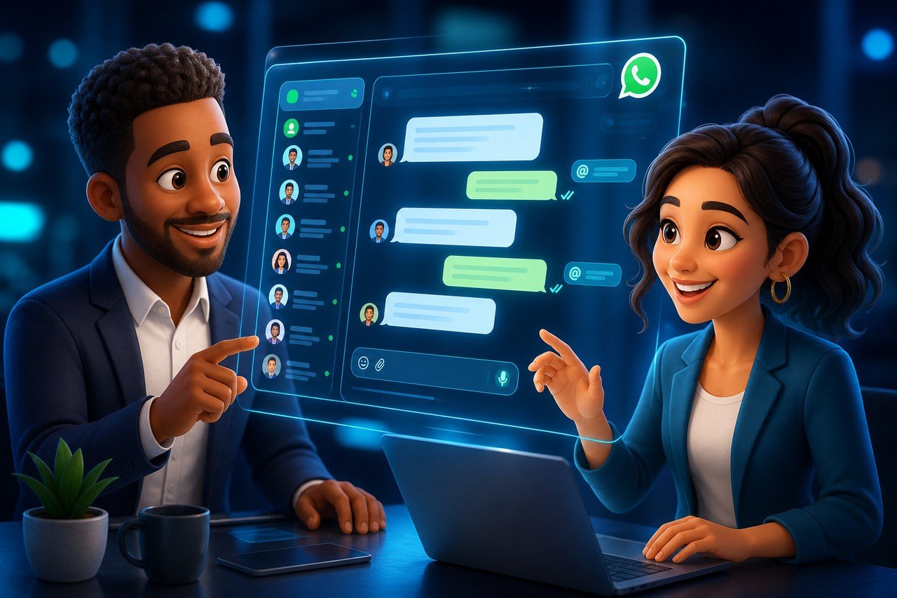 Ilustración de agentes colaborando en la bandeja multiagente de WhatsApp en Neurocity Center