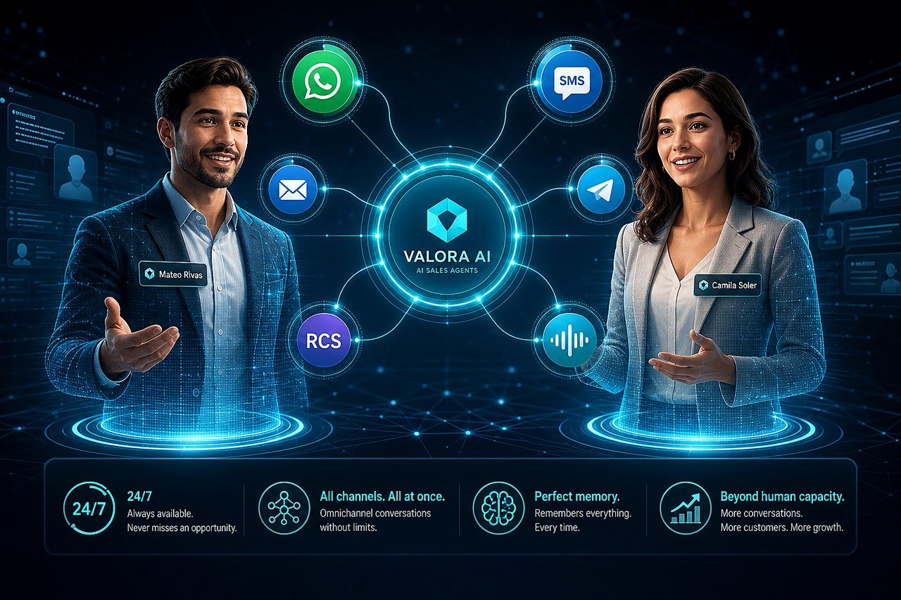 Mateo Rivas y Camila Soler — agentes AI Valora en WhatsApp, SMS, Email, Telegram y RCS